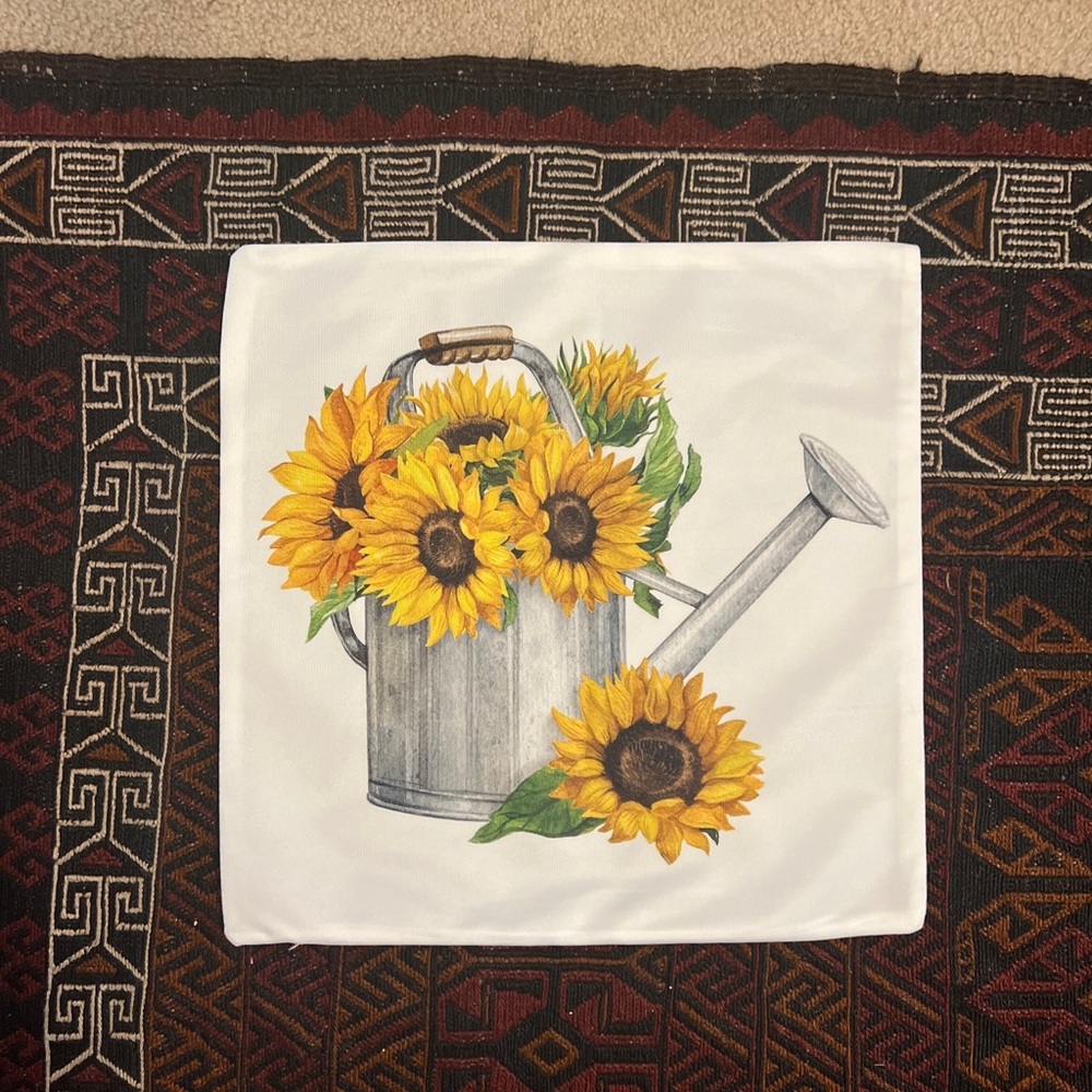NEW Printed Sunflower in Watering Can Decorative Accent throw Pillow 17x17 - Picture 5 of 5